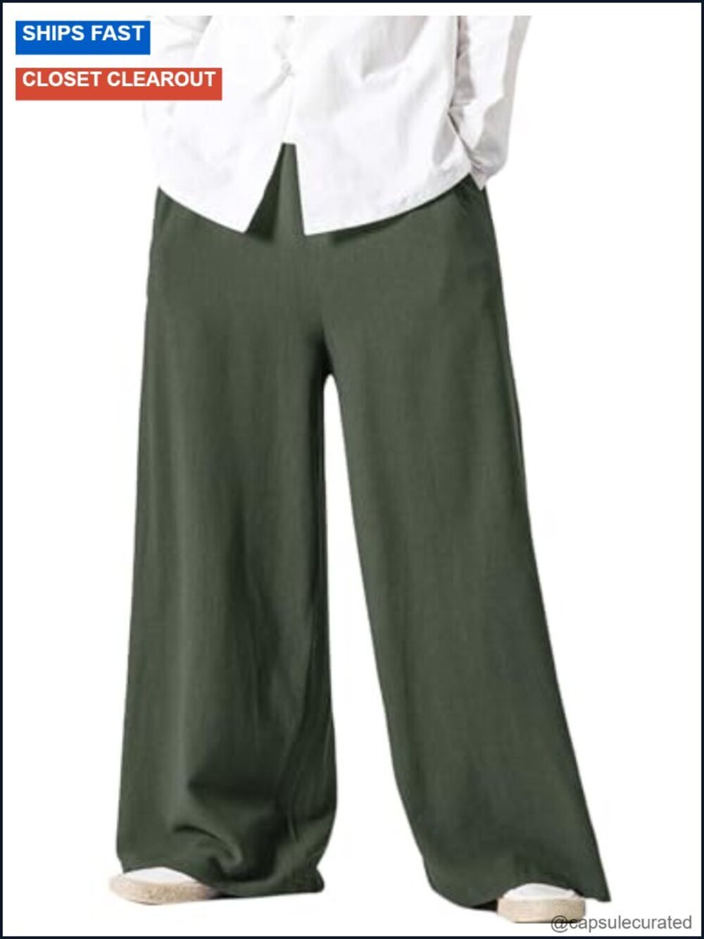 Cotton Linen Wide Leg Baggy Pants Elastic Waist Casual Trousers